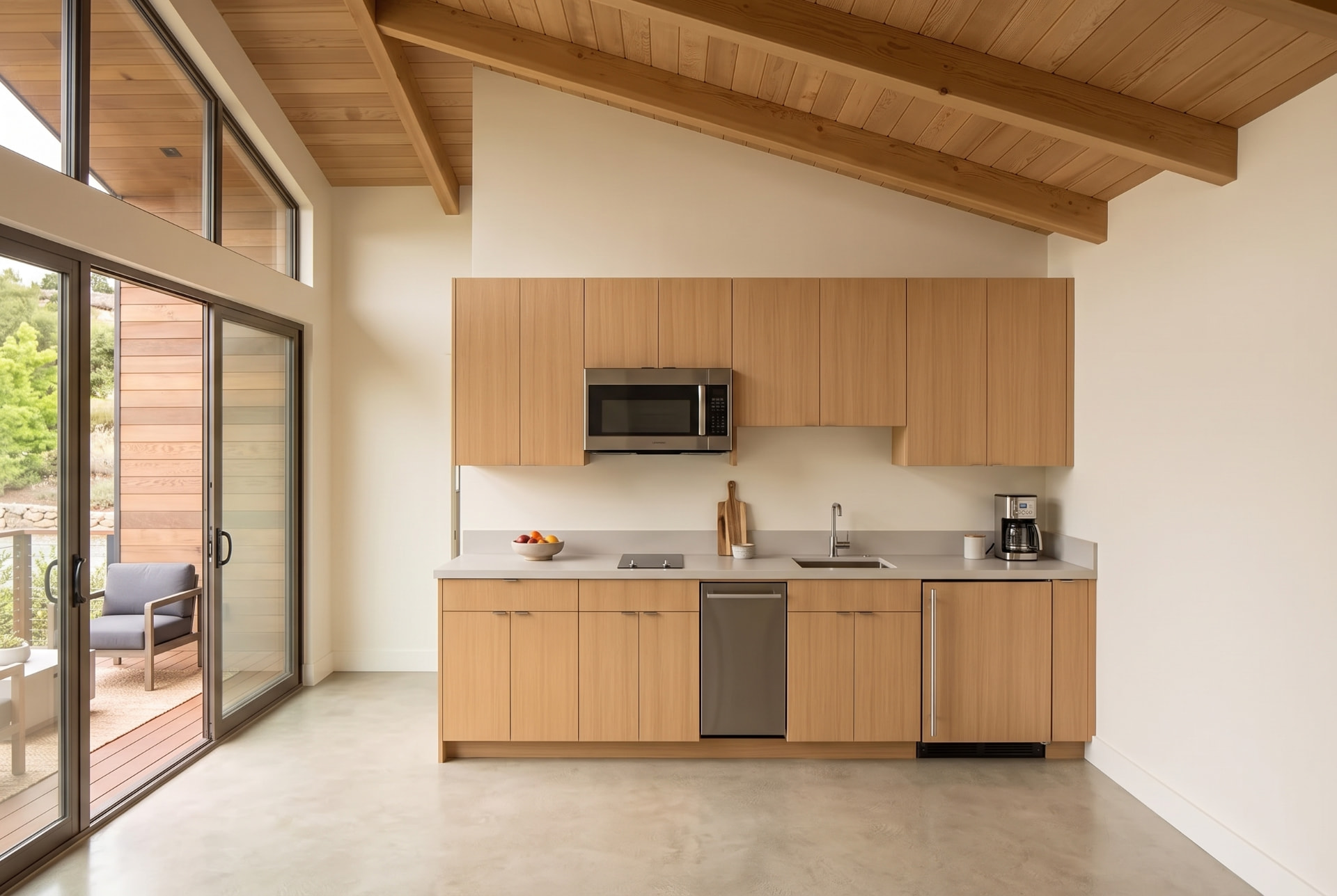 Los Altos Hills Hillside ADU kitchen with warm wood cabinetry
