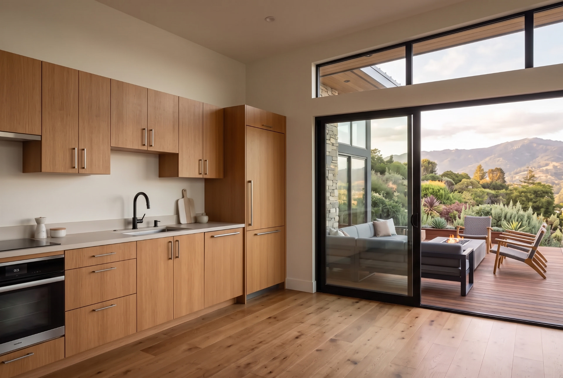 Compact wood kitchen opening onto the terrace