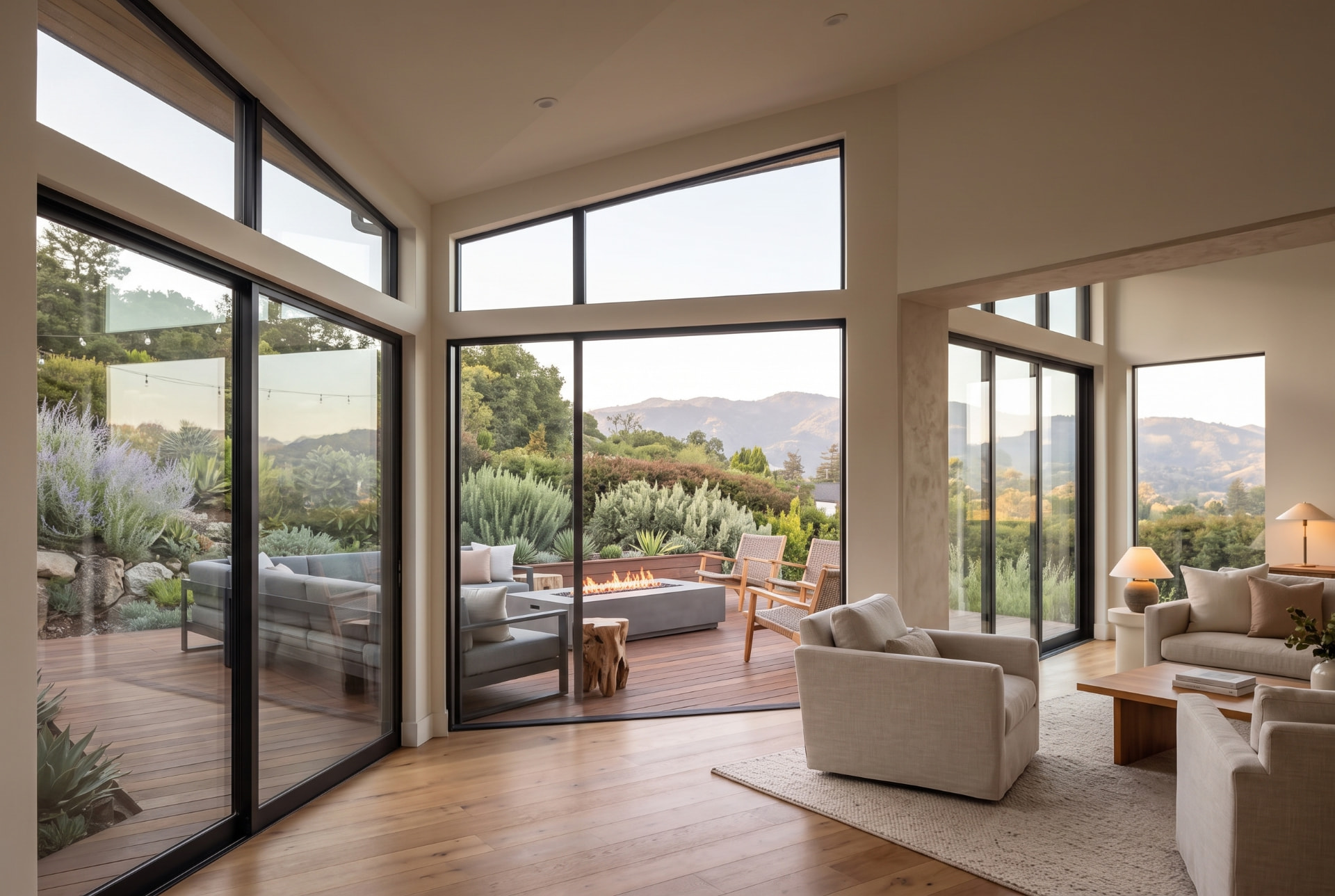 Family Suite interior with wide glazed doors opening to the terrace