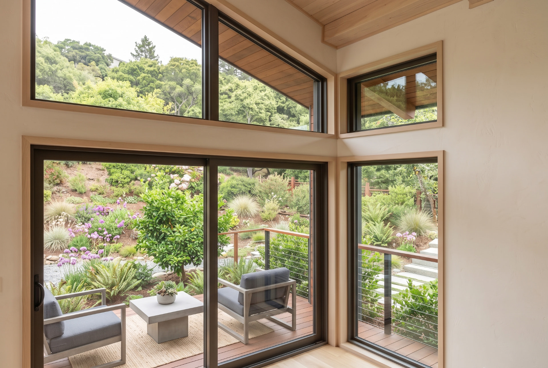 Los Altos Hills Hillside ADU deck and garden viewed through tall glazing