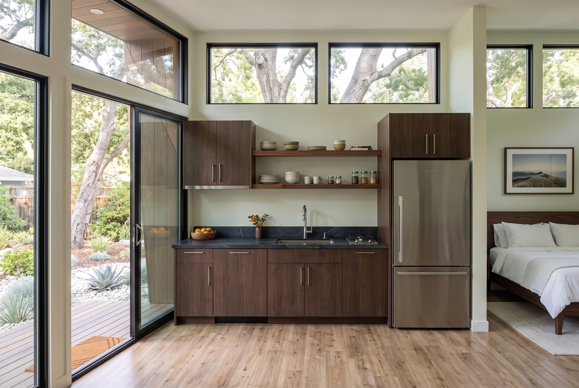 Compact Palo Alto backyard studio kitchen with wood cabinetry