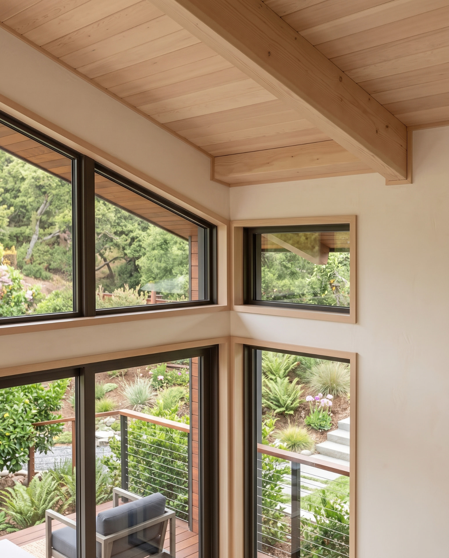 Los Altos Hills Hillside ADU corner glazing beneath the timber roof