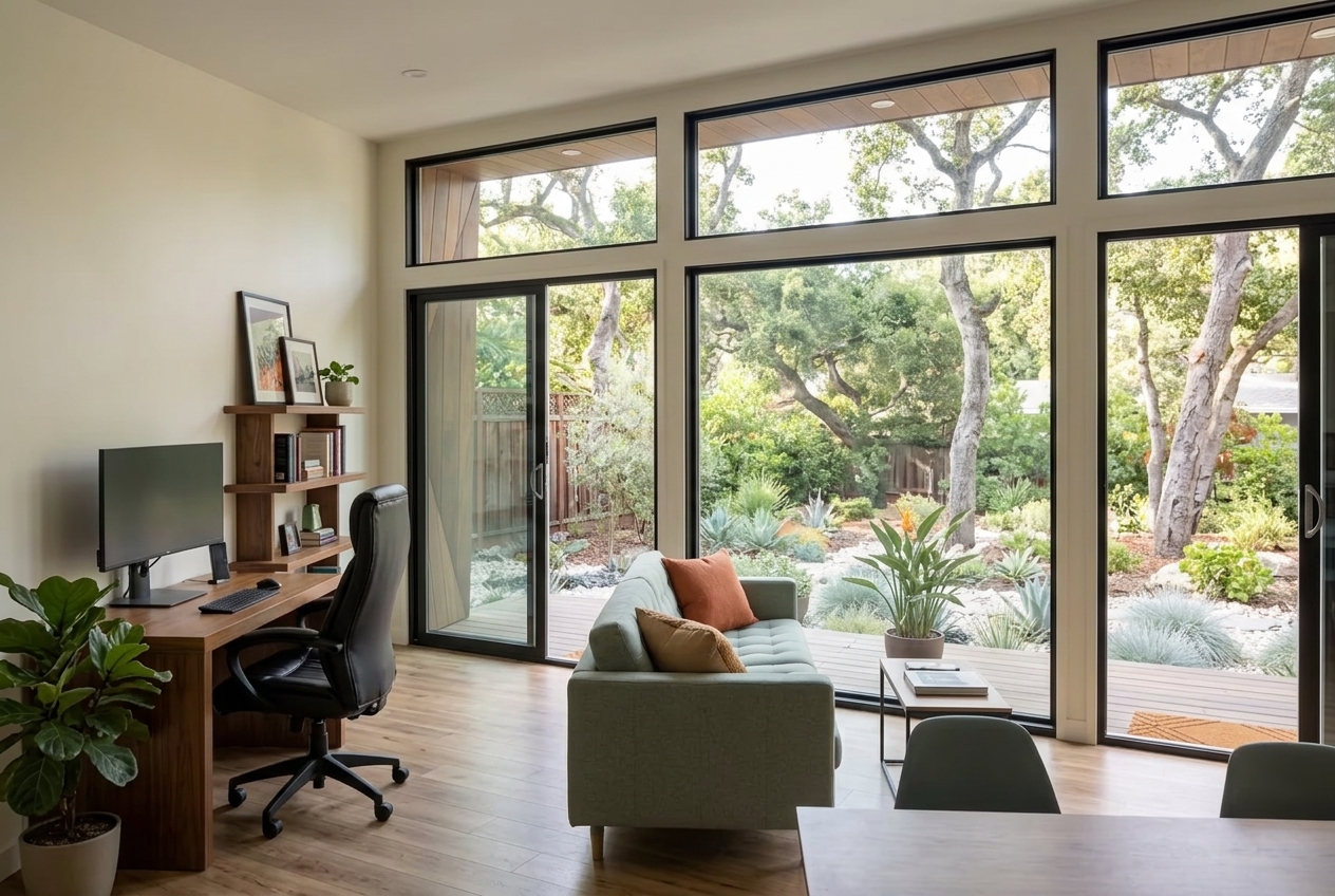 Palo Alto backyard studio living and work area facing the garden