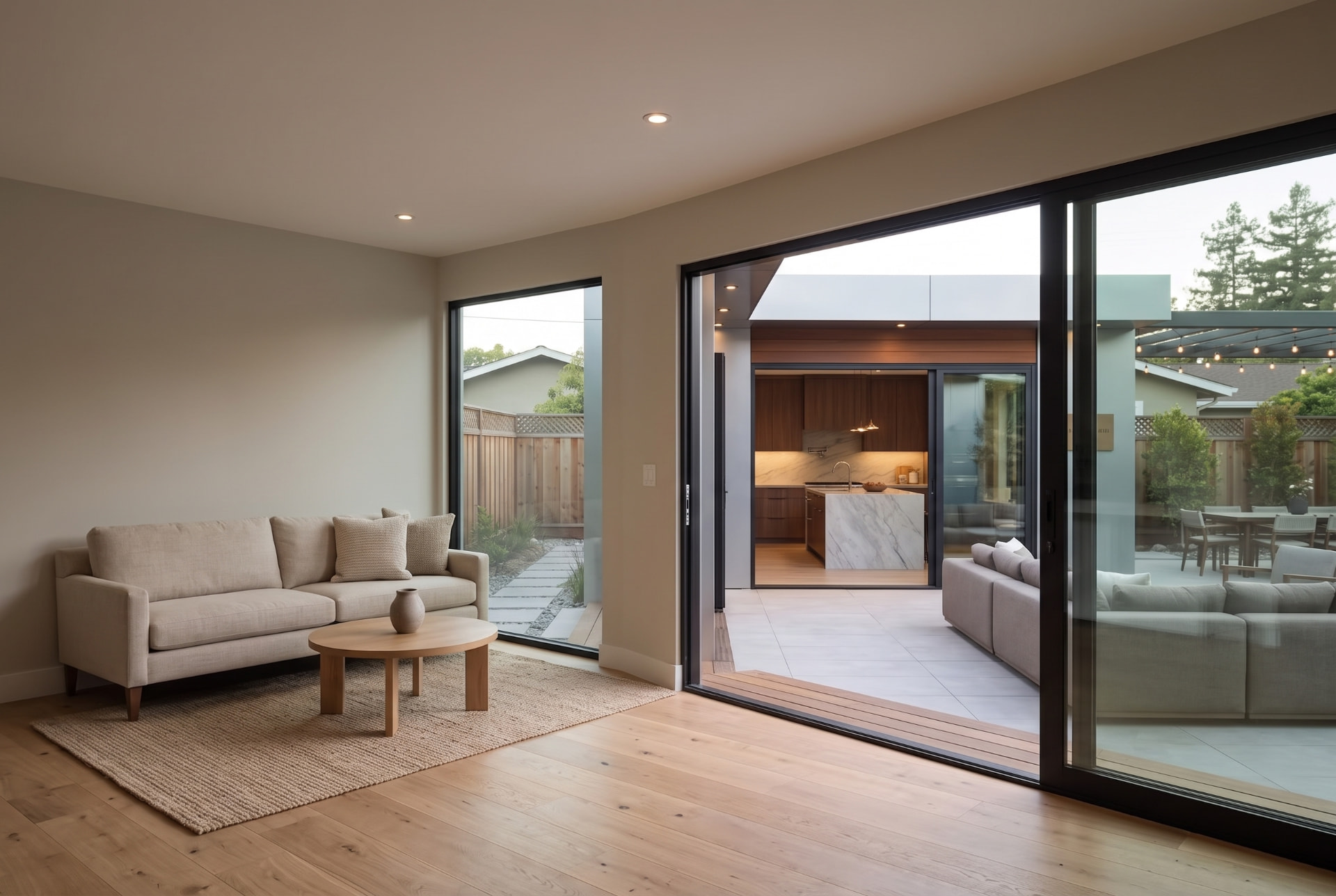 Mountain View studio interior looking across the terrace to the kitchen