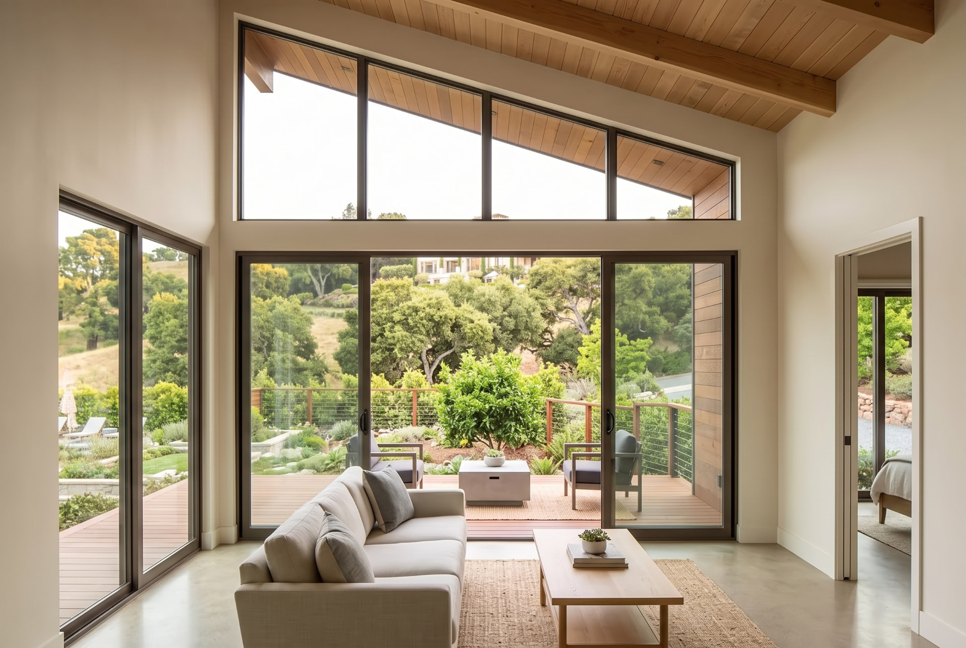 Los Altos Hills Hillside ADU living area beneath the sloped timber ceiling