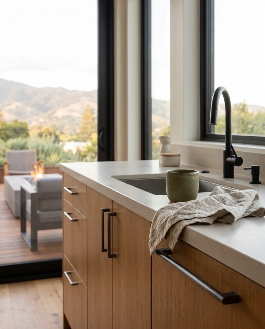 Wood kitchen cabinetry and sink overlooking the hillside