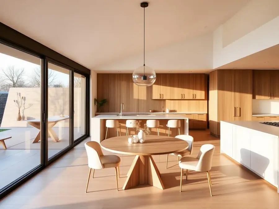 Warm architect-designed dining room interior of a multigenerational Bay Area home addition