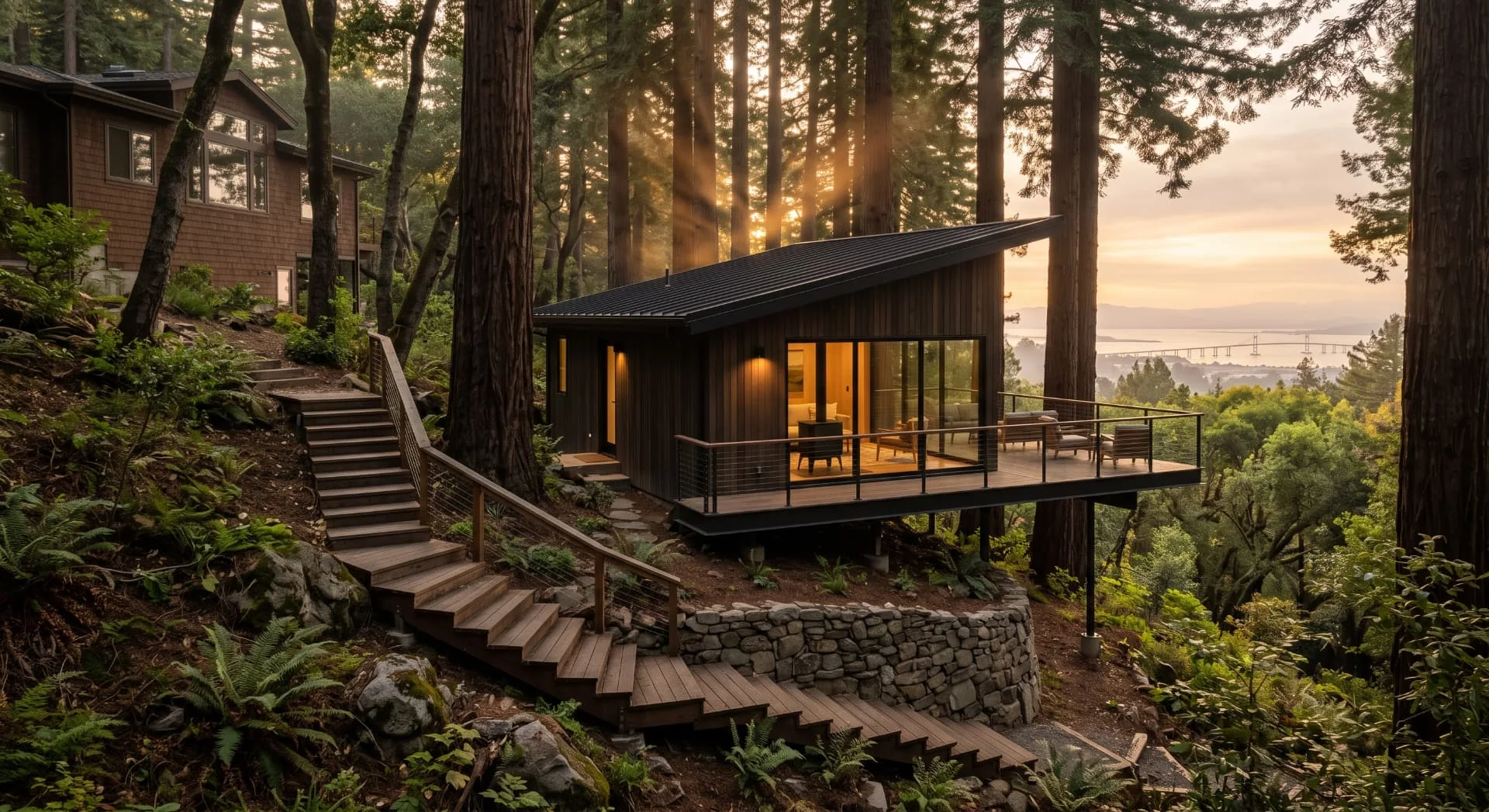 Dark timber ADU with a viewing deck among redwoods in Emerald Lake Hills
