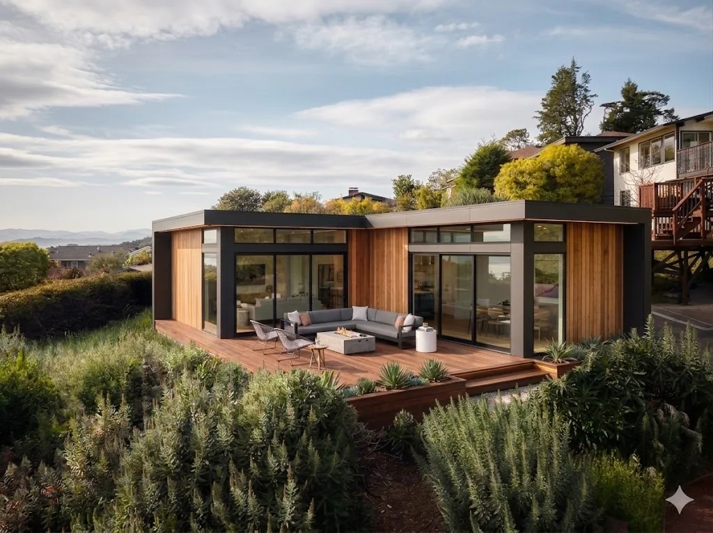 Modern detached backyard ADU on a Bay Area hillside lot at golden hour