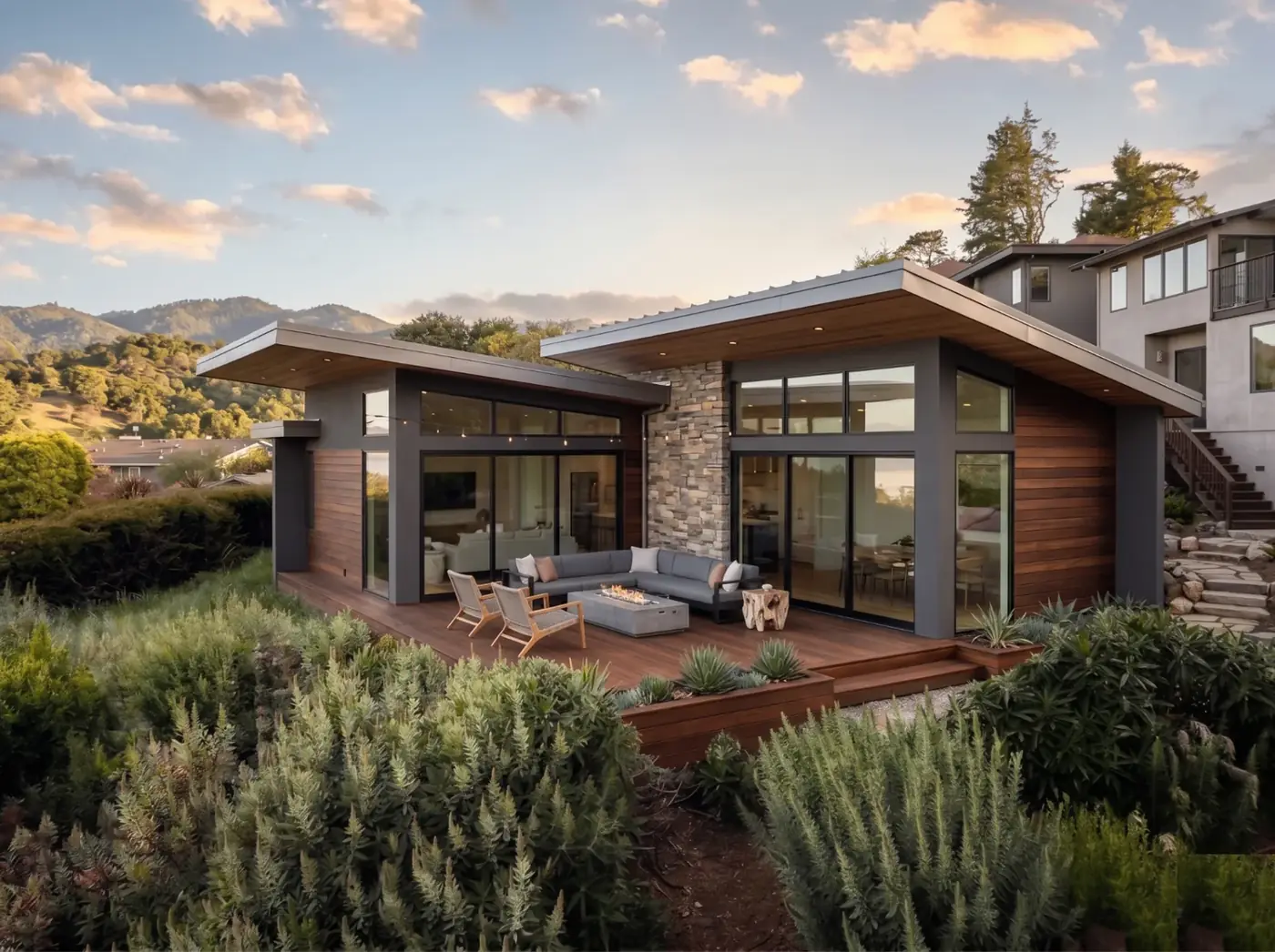 Los Altos Hills Family Suite exterior with wood siding, stone accent, broad roof overhangs and terrace
