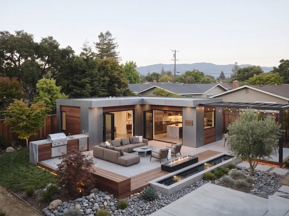 Mountain View Backyard Studio exterior with low rooflines, wood accents, glazed openings and terrace