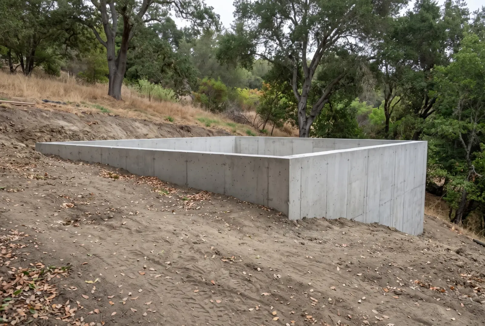 Illustrative concrete ADU foundation with a level top and varying exposed height along a slope.