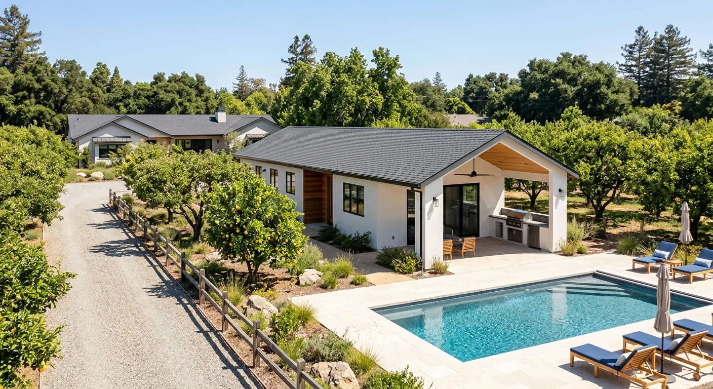 Modern ADU with a covered outdoor kitchen beside a pool in Loyola, California