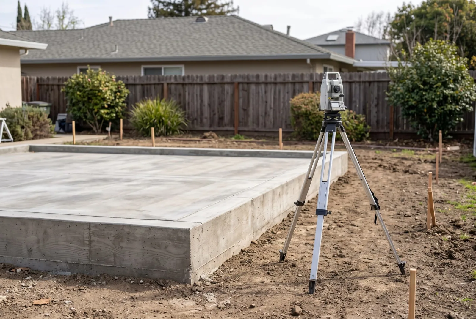 Illustrative survey instrument beside a compact ADU foundation in a residential backyard.