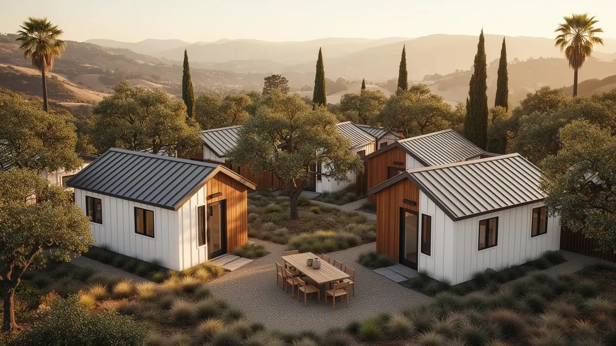 Cluster of SHAPE rental units with private entries in a Bay Area backyard