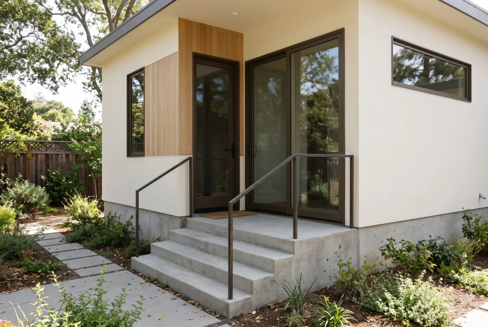 Illustrative ADU entrance raised above garden level, with steps, a landing, and a high side window.