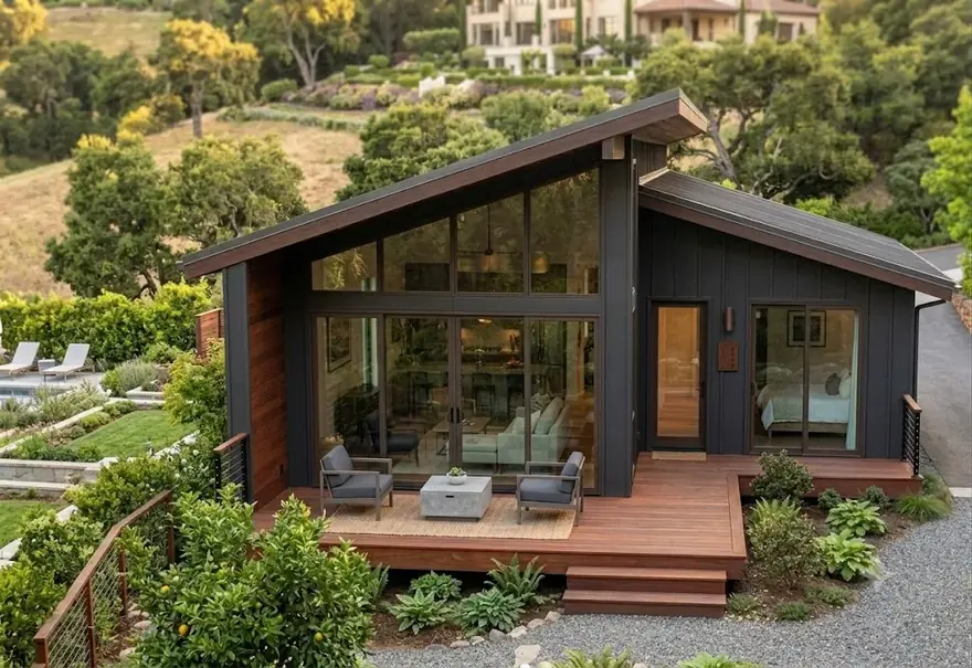 Los Altos Hills Hillside ADU exterior with asymmetric roof, tall glazing, dark siding and timber deck