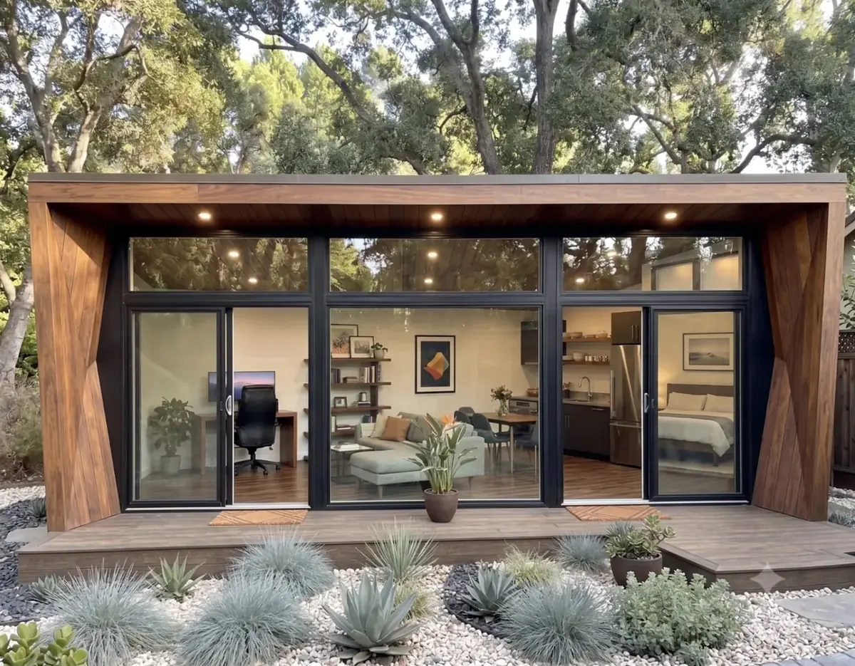 Palo Alto Backyard Studio ADU exterior with timber portal, glazed front and small deck