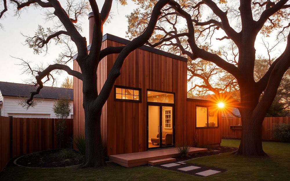 Modern redwood-clad backyard ADU at golden hour in a Bay Area yard with California oaks