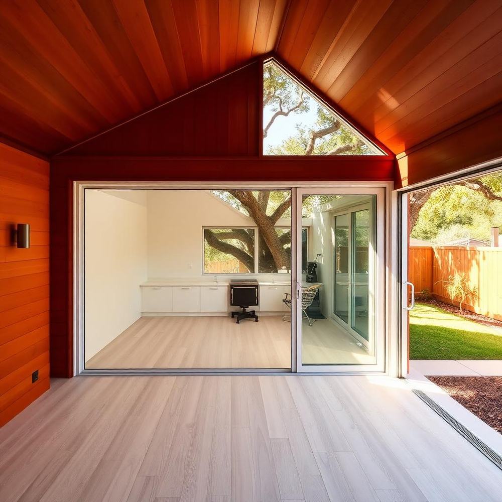 Bright interior of a Bay Area backyard granny flat with redwood ceiling and large glass doors