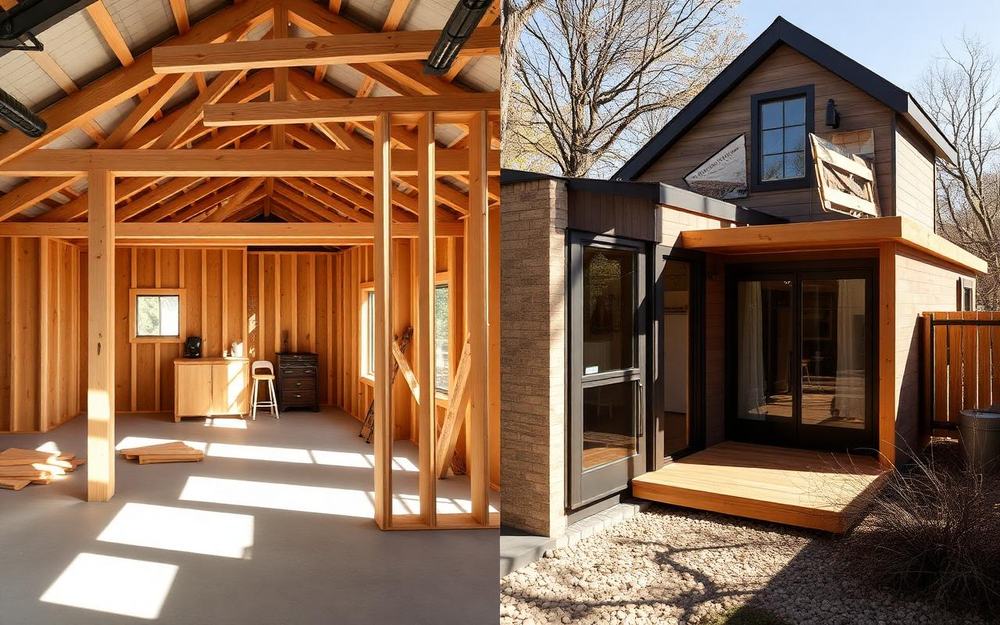 Side-by-side: modular ADU factory framing next to a finished modern backyard ADU in the Bay Area