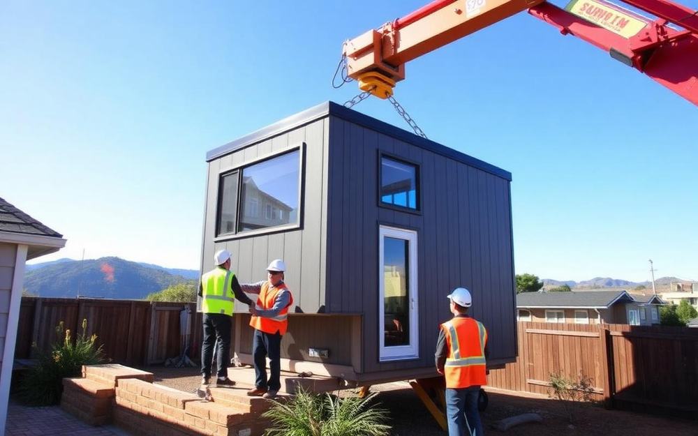 Modular ADU module being craned into a Bay Area backyard during permit-approved install