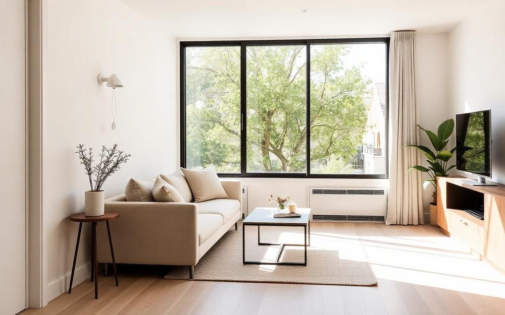 Bright minimalist interior of a rental-ready ADU studio with white oak floors and large windows
