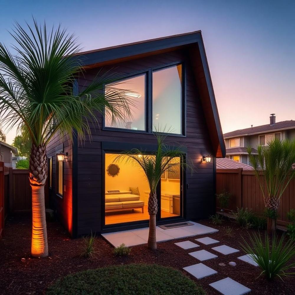 Modern detached ADU with dark cedar siding in a San Jose backyard at dusk