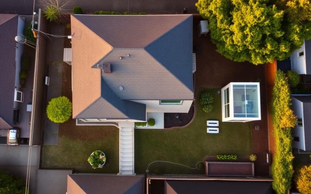 Aerial view of a Bay Area suburban lot with main house and detached backyard ADU showing setbacks