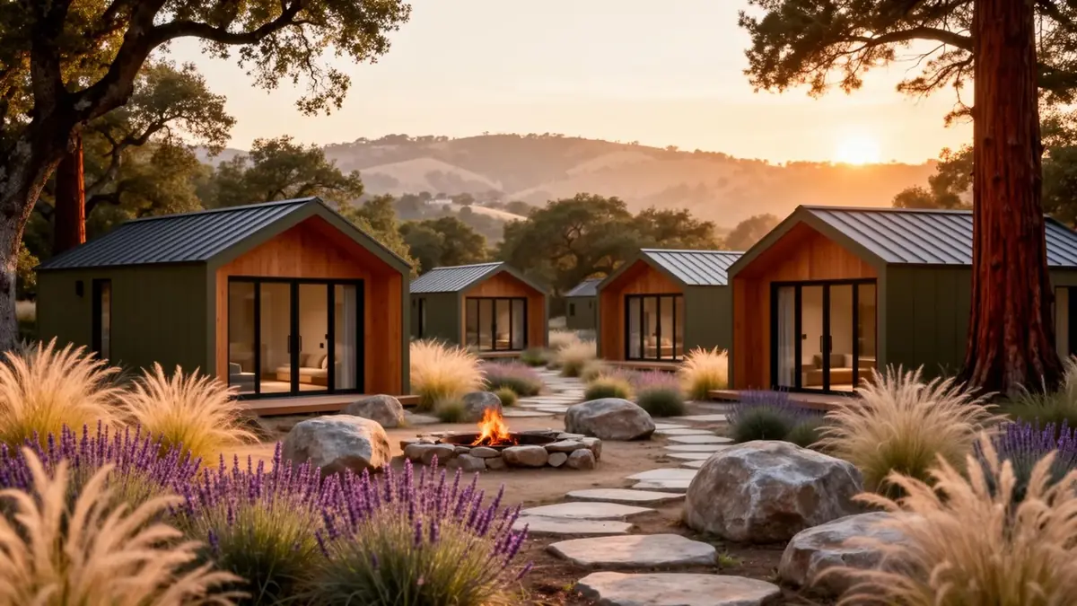 Boutique wellness retreat with modern SHAPE cabins, fire pit, and native landscaping at sunset