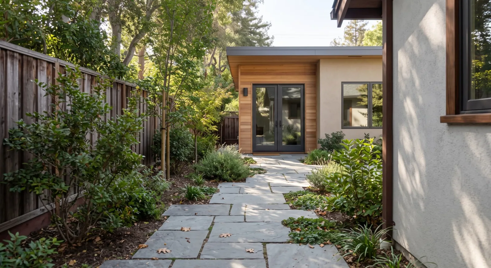 Illustrative side-garden route between a main home and a small ADU, with existing planting retained.